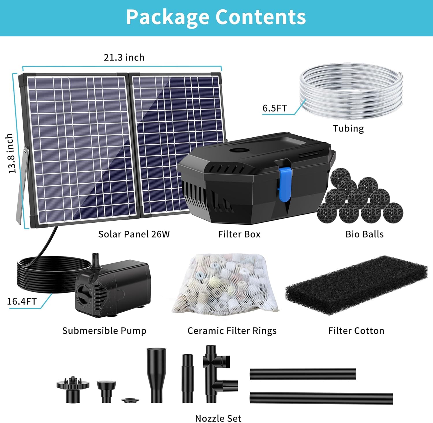 NFESOLAR Solar Pond Filter Fountain, 30W Solar Fountain Pump with Pond Filter, 16.4FT Cord, 6.6FT Tubing for Outdoor Pond 200-600 Gallons, Fish Tank, Pool, Garden Waterscape N3223