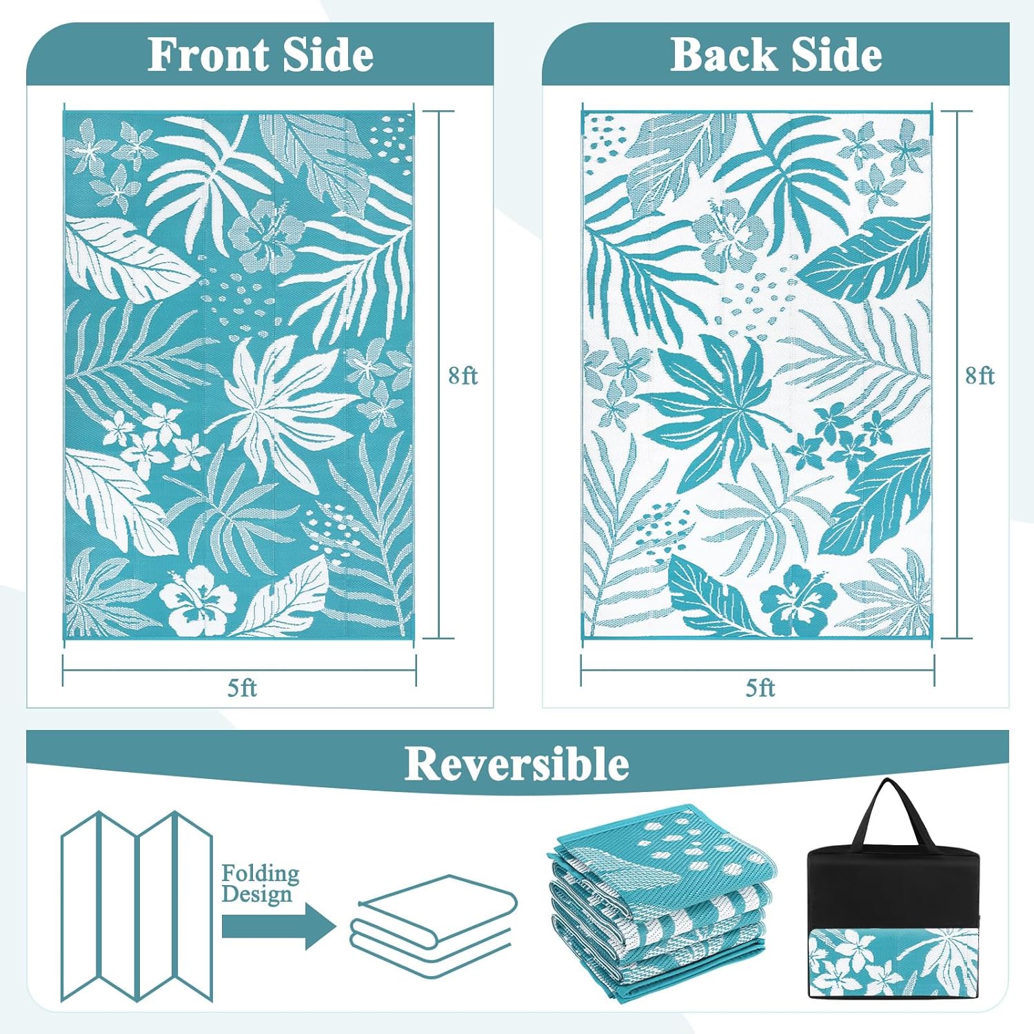 Pauwer Waterproof Outdoor Rug 5x8, Reversible Plastic Straw Patio Camping Rug, Indoor Outdoor RV Mat Carpet for Deck, Camper, Porch, Balcony, Backyard, Picnic, Floral Teal