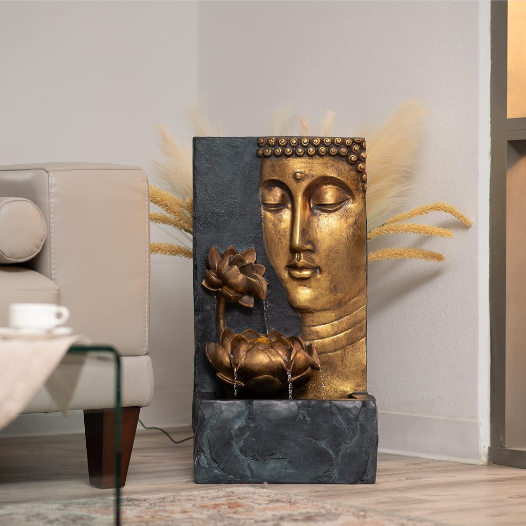 XBrand 30" Indoor/Outdoor Buddha Face Water Fountain with LED Light and Pump Zen Decor for Home, Office, Garden, and Patio