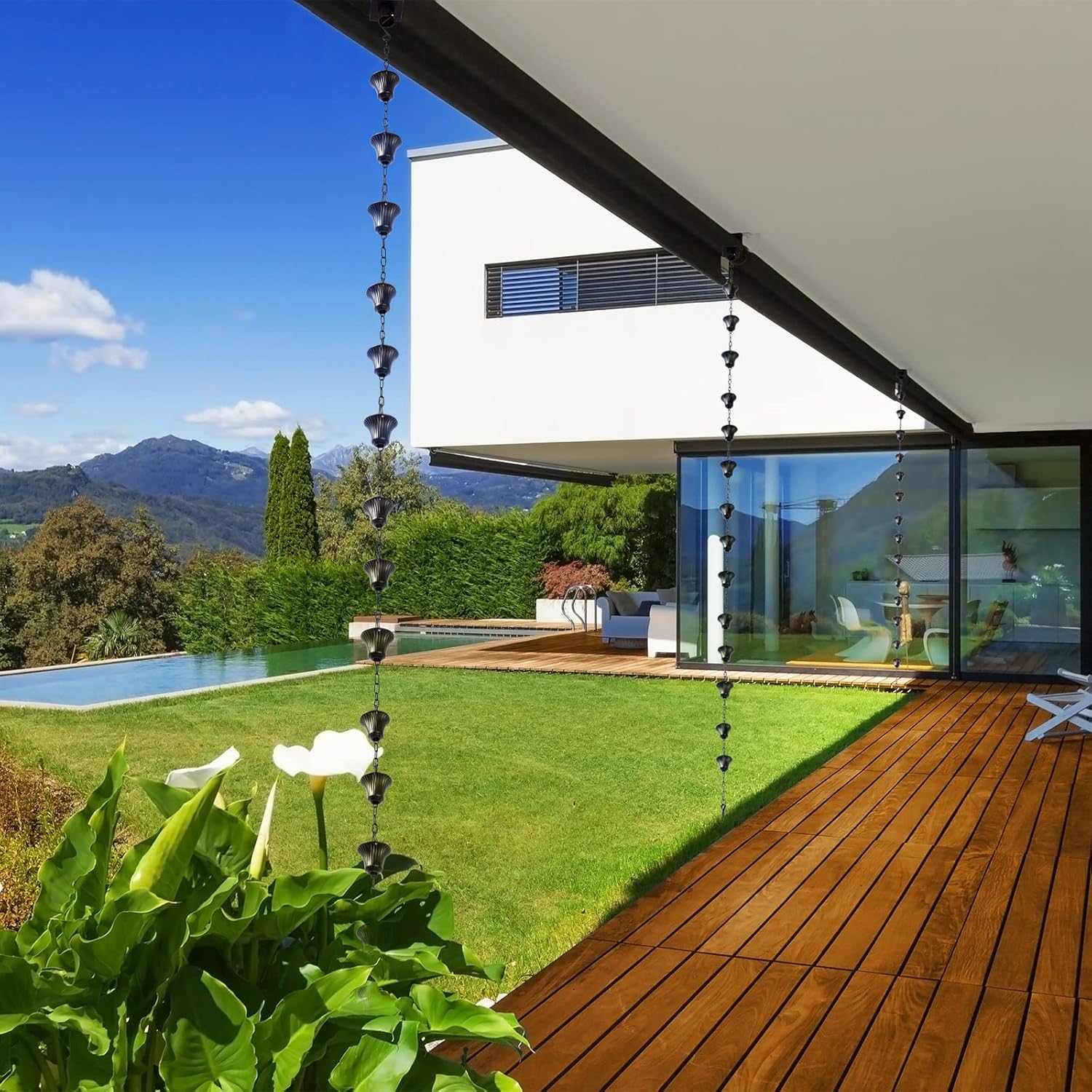 Rain Chain Set 8.5 Ft,Not Rust Wrought Iron Rain Chains for Gutters with Adapter Gotta Drain and Anchoring Stake, 14 Cups, 1 Hook, Adjustable Length for Garden Decorative (Coffee)