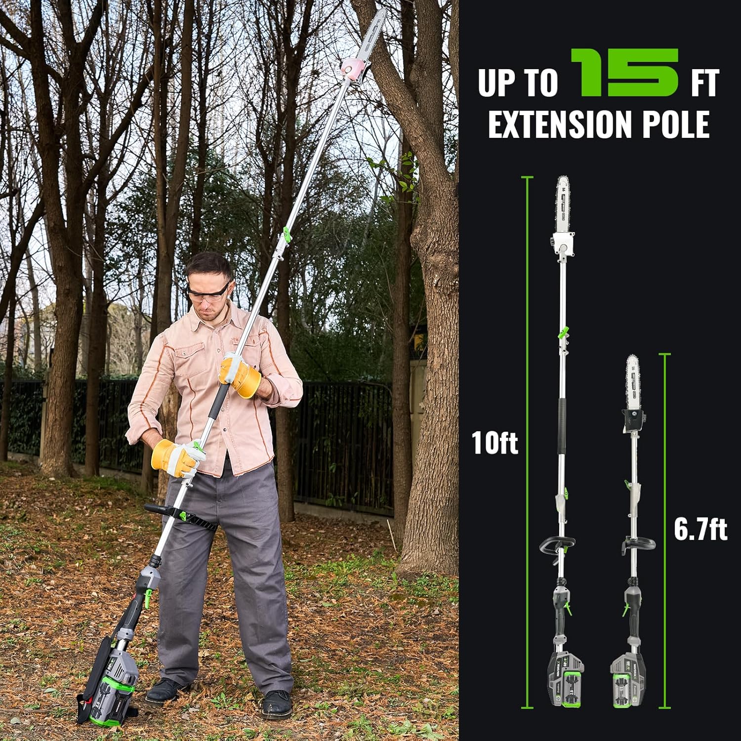 15-FT Cordless Pole Saw 60V Electric Power PoleSaw for Tree Trimming With Pole 10" Cutting Power Max Reach 2.5AH Battery