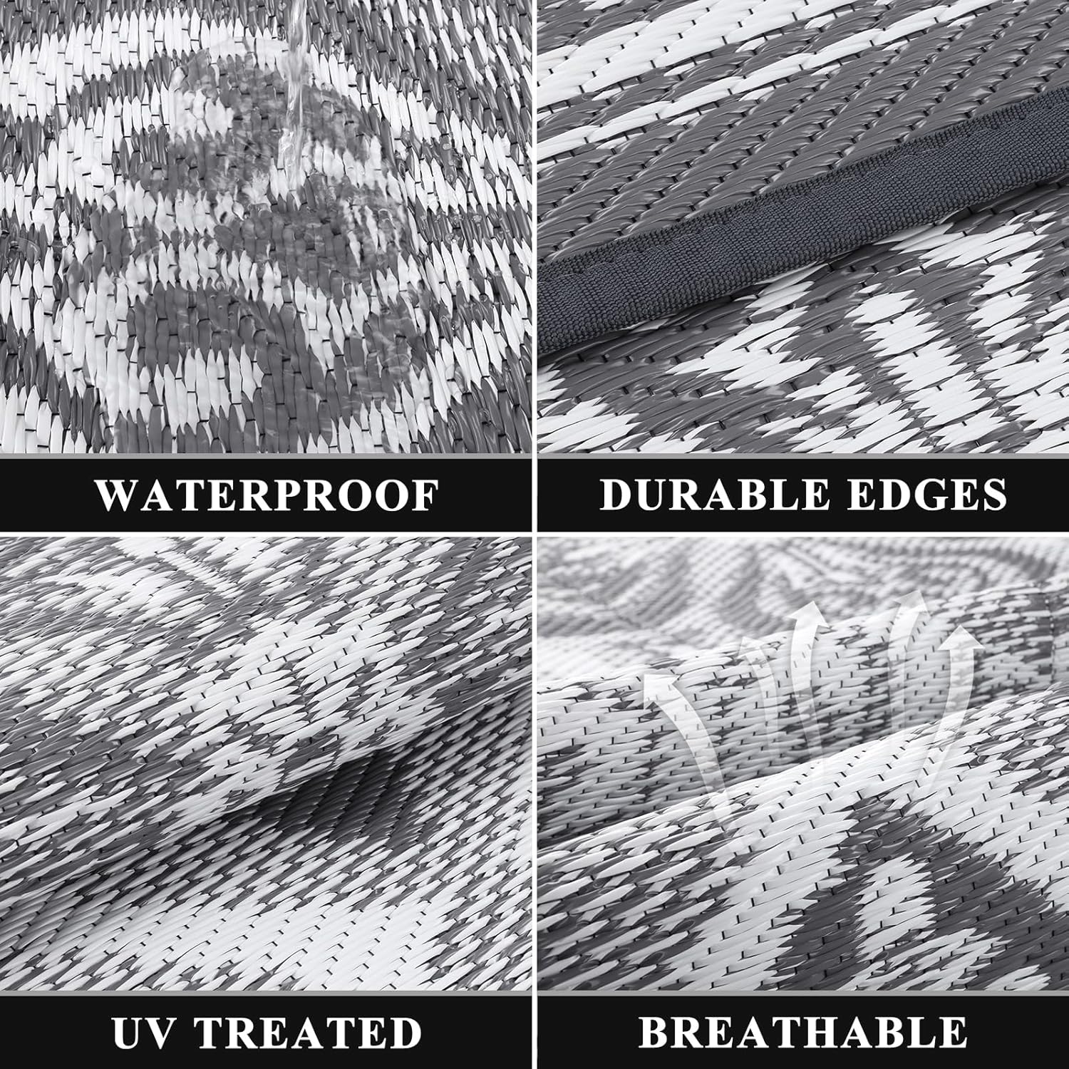 Pauwer Reversible Outdoor Rug, 6'x9', Waterproof, Polypropylene, Clover Grey, Area Rug for Patio, RV, Camping, Picnic, Backyard, Deck, Balcony, Porch