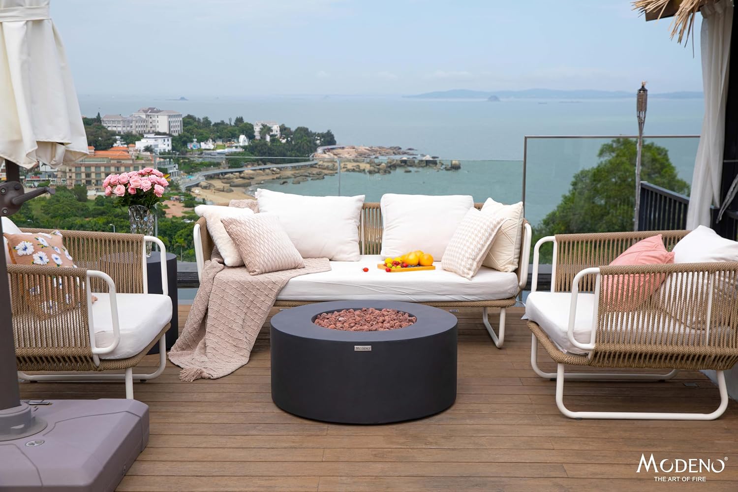 AMS Fireplace | Modeno Venice Package | Black Liquid Propane Gas Fire Pit Table for Outdoor Patio Bundle with Tank Cover, Wind Guard, and SS Burner Lid | Free Rubber Mat & Ice Bucket