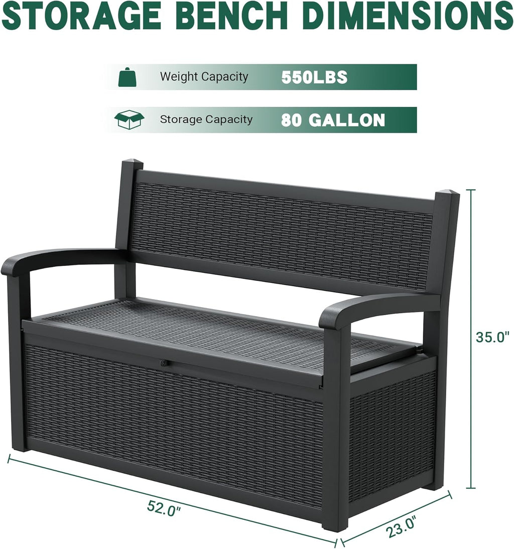 80 Gallon Outdoor Storage Box, Resin Patio Furniture with Armrest, Lockable Deck Box with Waterproof and UV Resistant for Patio Cushions, Garden Tools and Pool Supplies, Black