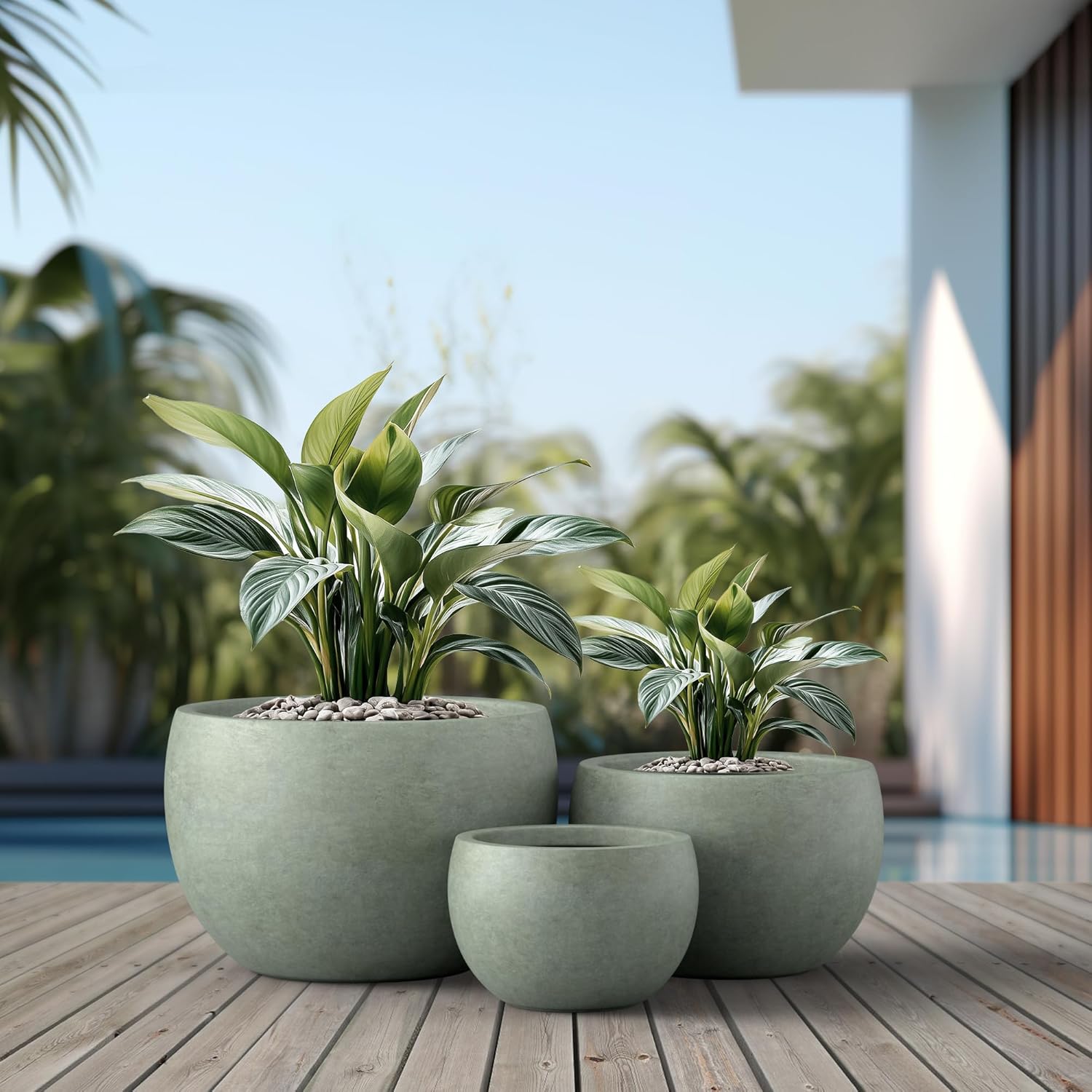Kante 19.9",15.7",11.8" Dia Round Concrete Planter Set of 3, Outdoor/Indoor Large Bowl Plant Pots with Drainage Hole and Rubber Plug for Garden Patio Balcony Home, Mint Green