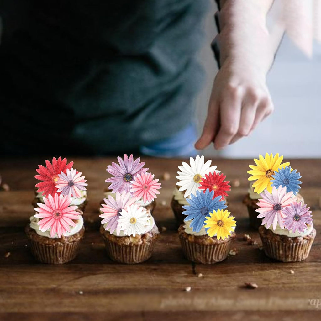 65 PCS Edible Daisy Cupcake Toppers Wafer Paper Flower Birthday Party Decorations Edible Sunflower Cupcake Picks for Baby Shower Wedding Birthday Party Cake Food Decorations Supplies Colorful