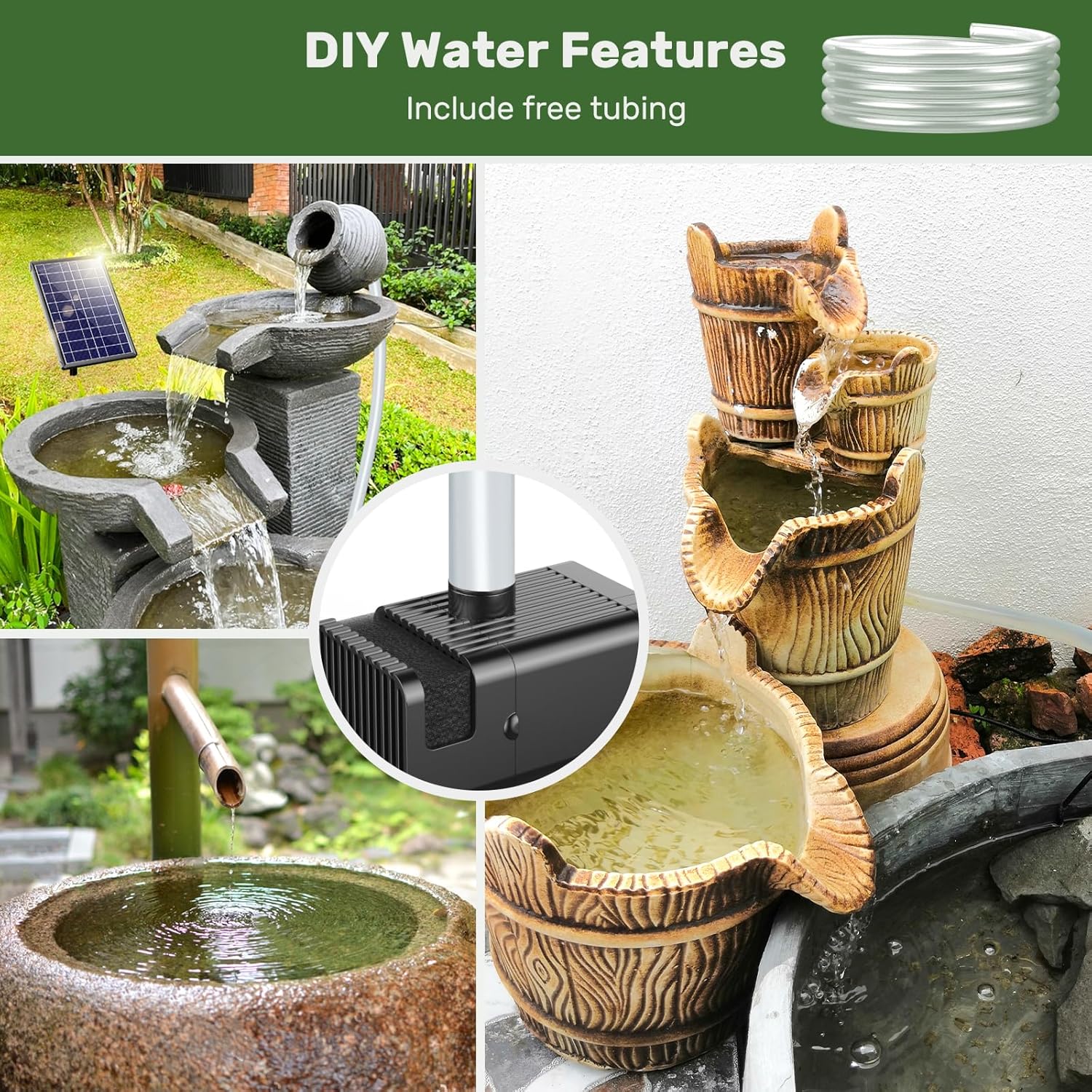 Antfraer Solar Fountain Pump Built-in 3600mAh Battery Backup, 8W Solar Water Pump for Bird Bath with Dry-Run Protection & Double-Layer Nozzles & 5Ft Tubing for Bird Bath Pond Water Features