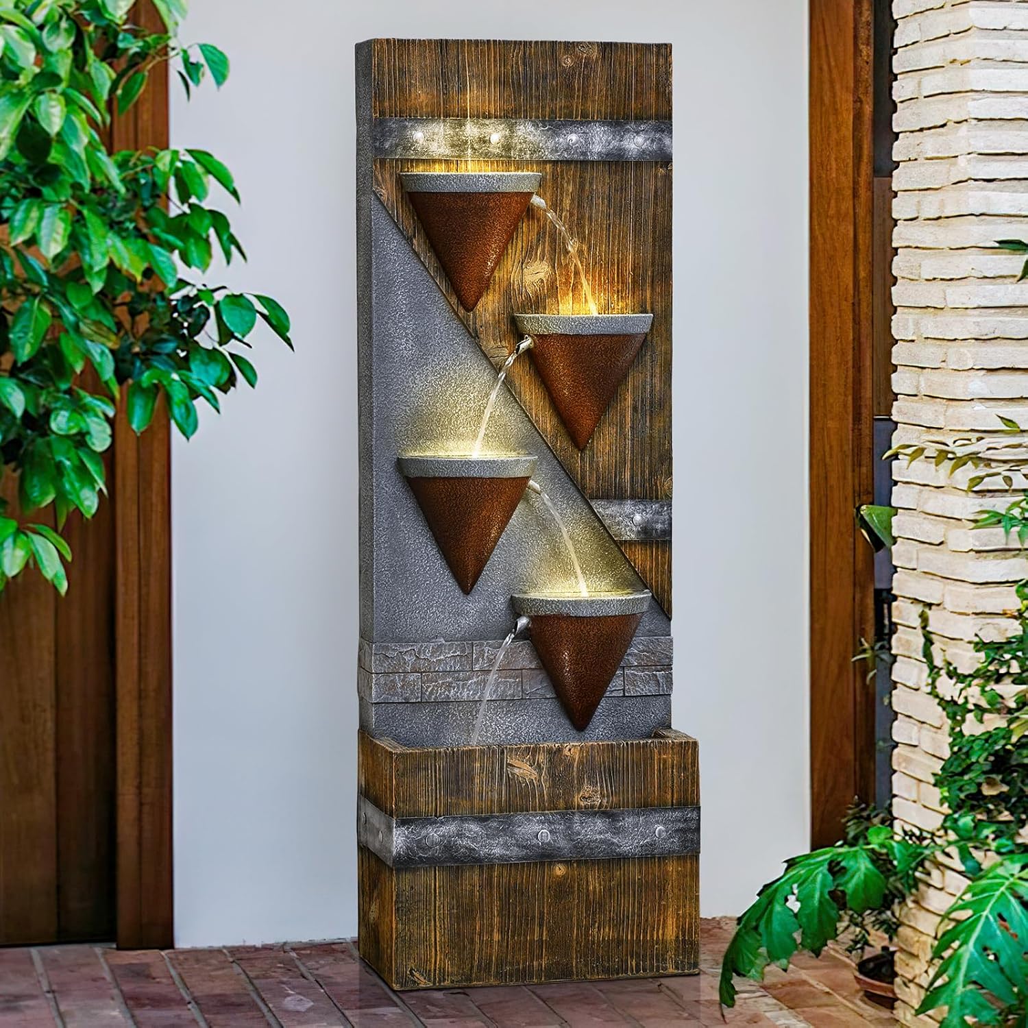 49.21" Outdoor Garden Water Fountain with Lights Floor-Standing 4 Tiers Cascading Large Waterfall Fountain for Patio, Backyard, Deck, Porch and Home Art Decor