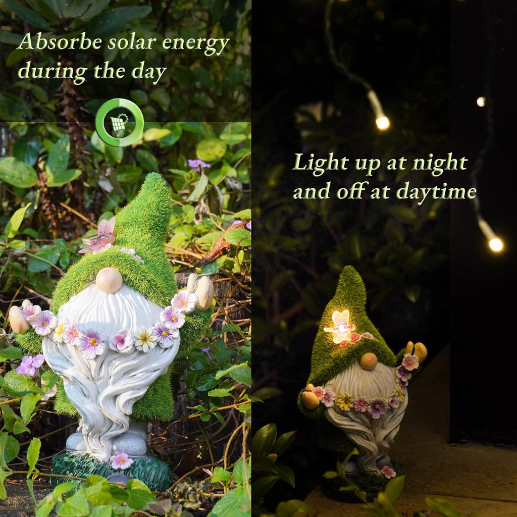 Garden Flocked Gnomes Decor for Yard - Artificial Green Moss Gnome Statue with Solar Light, Dwarf Sculpture for Outdoor Patio Porch Lawn Decor, Spring Decorations for Home