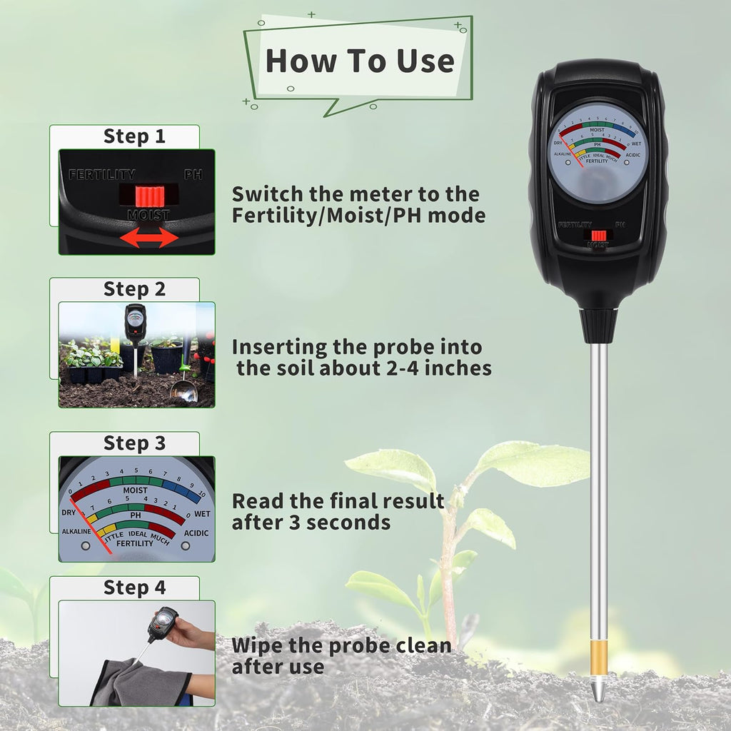 3-in-1 Soil Test Kit, Soil Moisture Meter/Soil pH Meter/Soil Fertility Tester, Soil Moisture Meter for Garden, Farm, Indoor, Outdoor and Lawn Care (Bright Black)