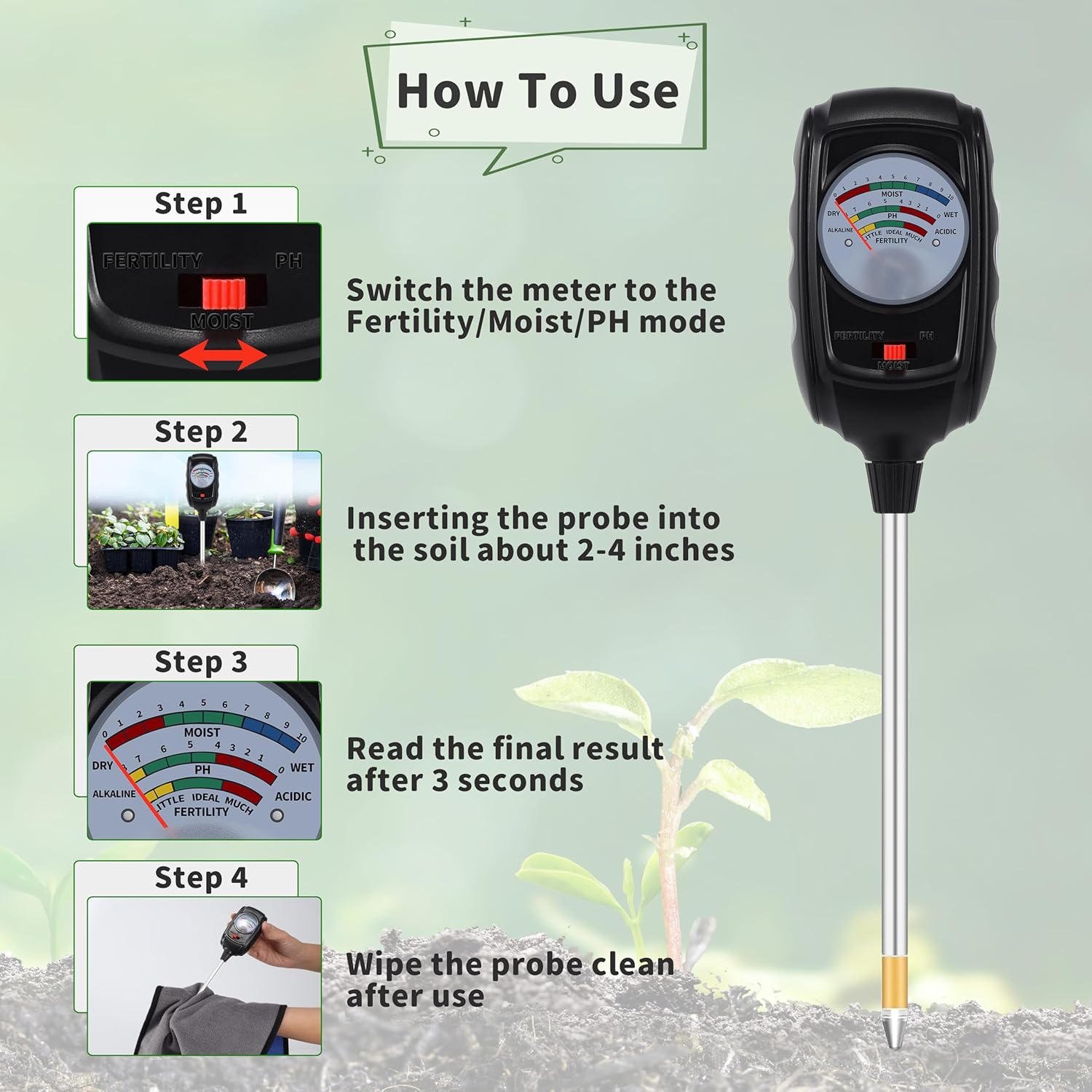 3-in-1 Soil Test Kit, Soil Moisture Meter/Soil pH Meter/Soil Fertility Tester, Soil Moisture Meter for Garden, Farm, Indoor, Outdoor and Lawn Care (Bright Black)