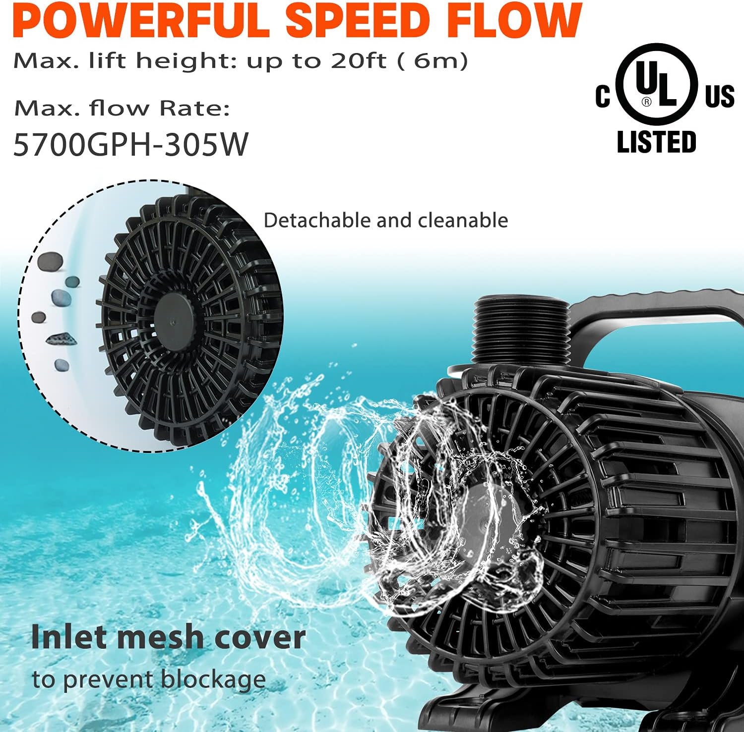 WaterRebirth (5700GPH-305W, UL listed) High Flow Large Fountain Submersible Water Pond Sump Pump Aquarium Electric Waterfall Pump Outdoor PS-5700