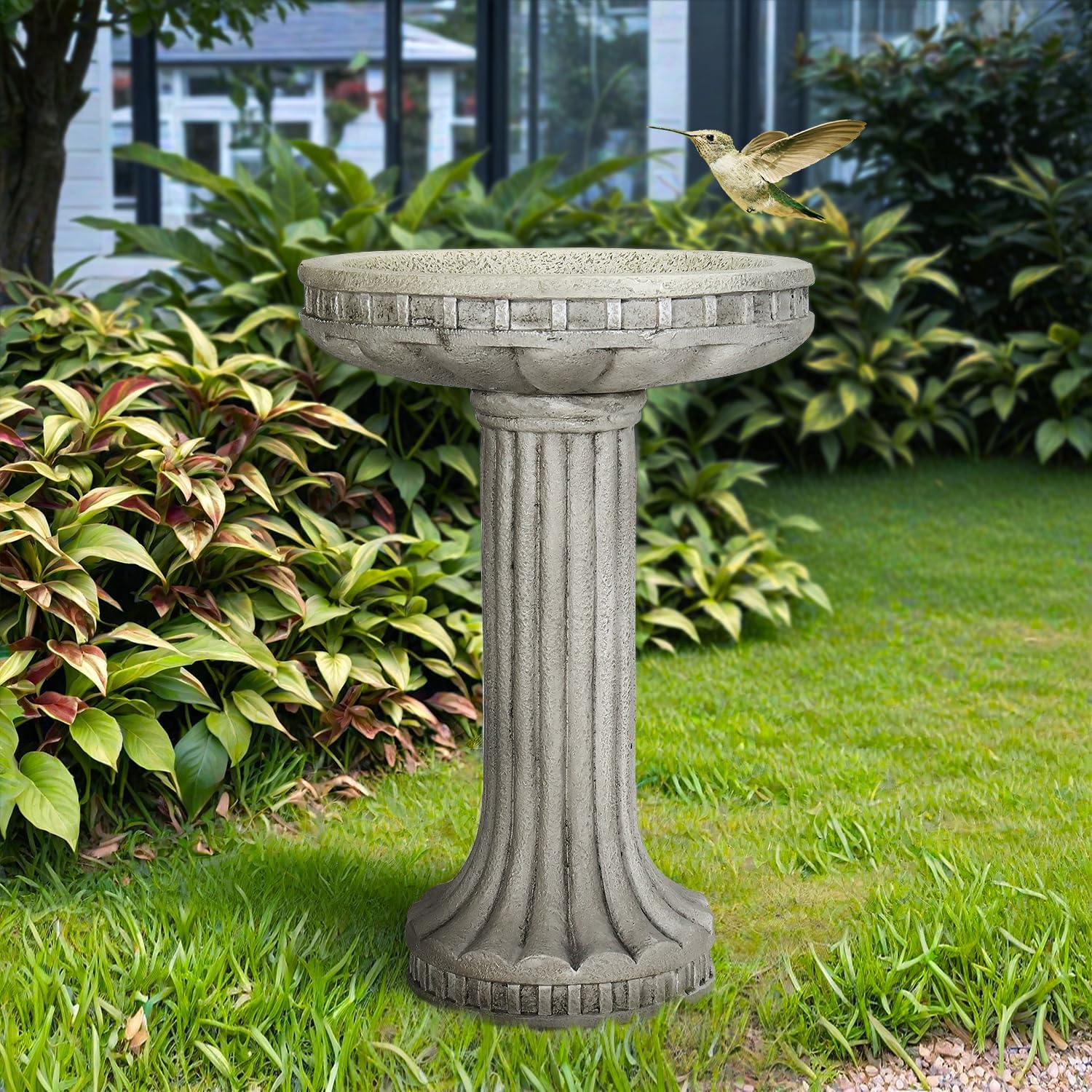 SunJet 24” H x 16” Dia Outdoor Birdbath with Classical Pedestal - Fibre Reinforced Concrete Birdbaths, Vintage Design for Garden Decor & Bird Attraction
