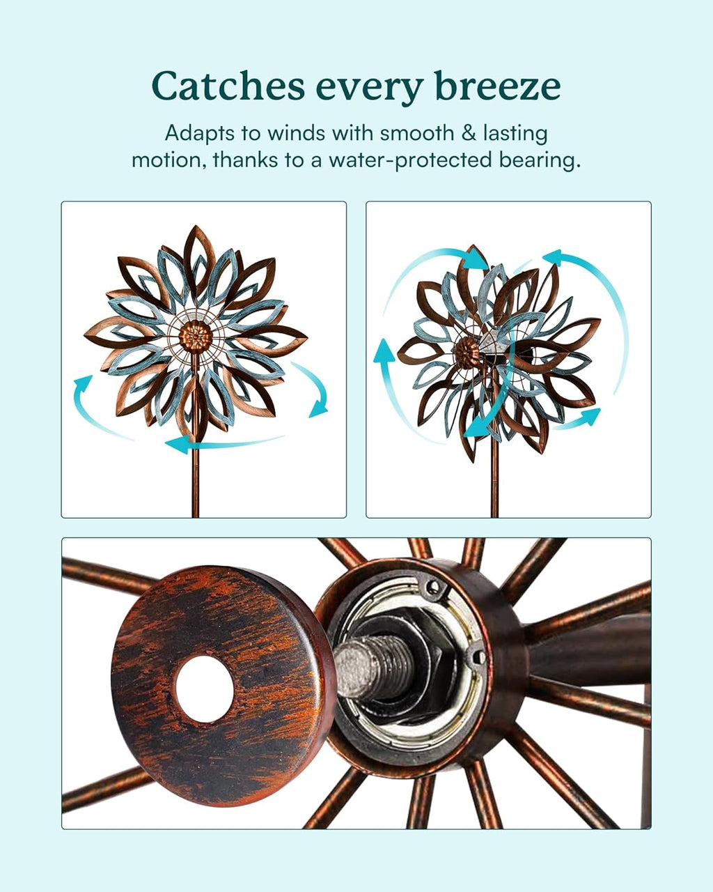 Yard Garden Wind Spinners with Solar Lights, Large Outdoor Metal Wind Spinners, Lawn Yard Art Garden Decor (22" W x 87" H)