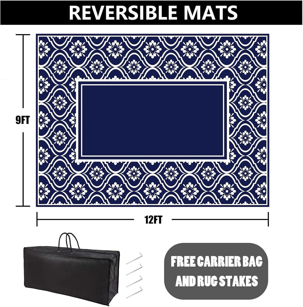 RV Outdoor Rug Waterproof Mat 9'x12' Camping Carpet Blue Outside Area Rugs Reversible Rugs for Deck Entryance Porch Picnic Balcony Beach