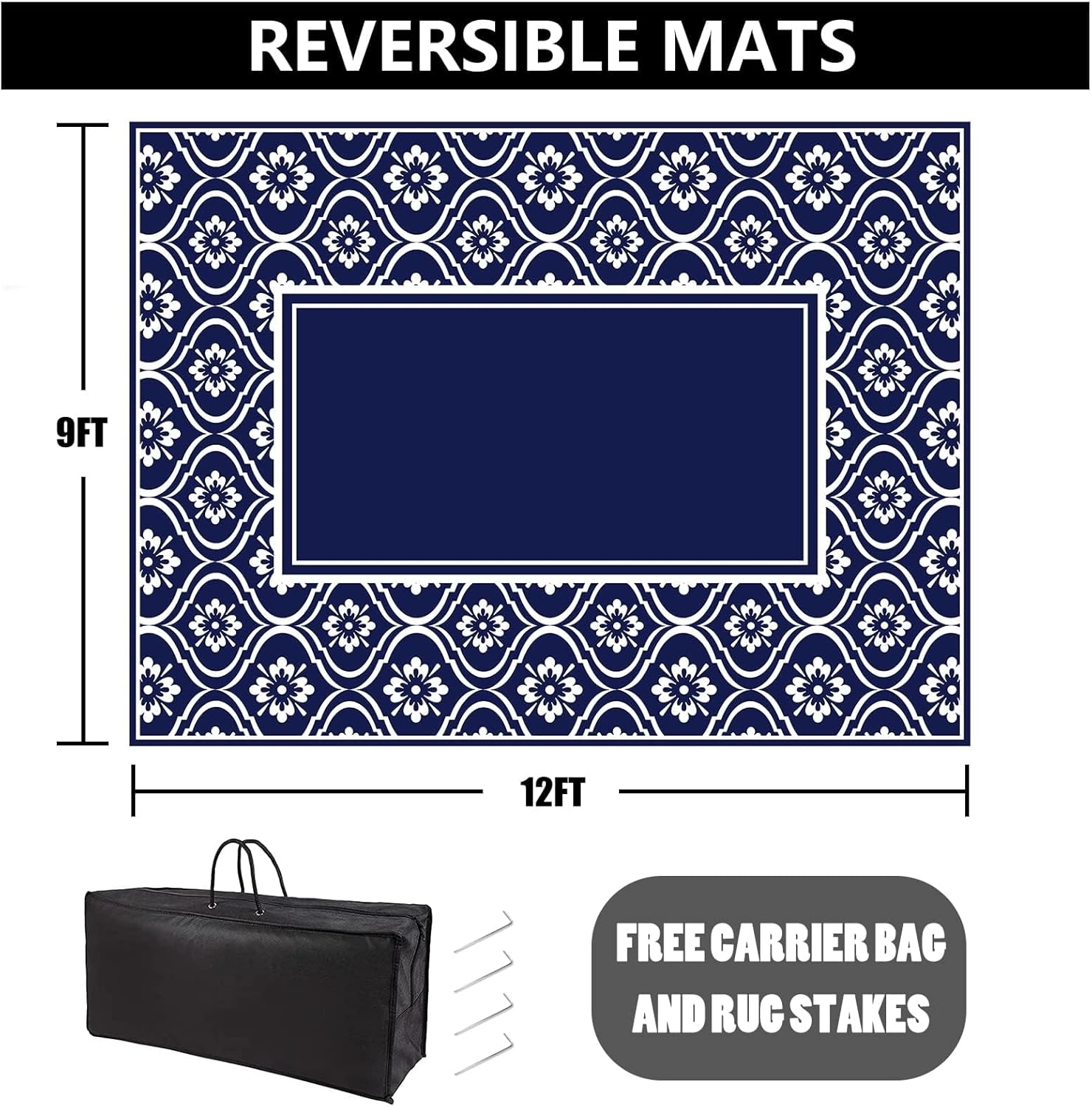 RV Outdoor Rug Waterproof Mat 9'x12' Camping Carpet Blue Outside Area Rugs Reversible Rugs for Deck Entryance Porch Picnic Balcony Beach