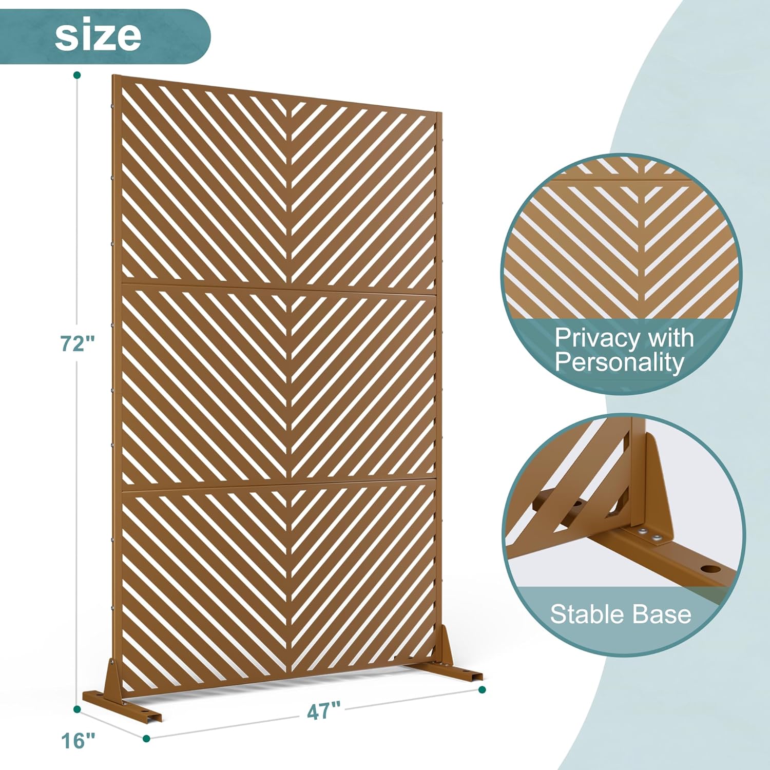 Metal Privacy Screen Outdoor Freestanding Privacy Wall Panels and Decorative Patio Dividers,Crafted from Steel with Sun-Proof Design, Ideal for Patio, Deck, Garden,72" H×47" L,（Brown&Parallel