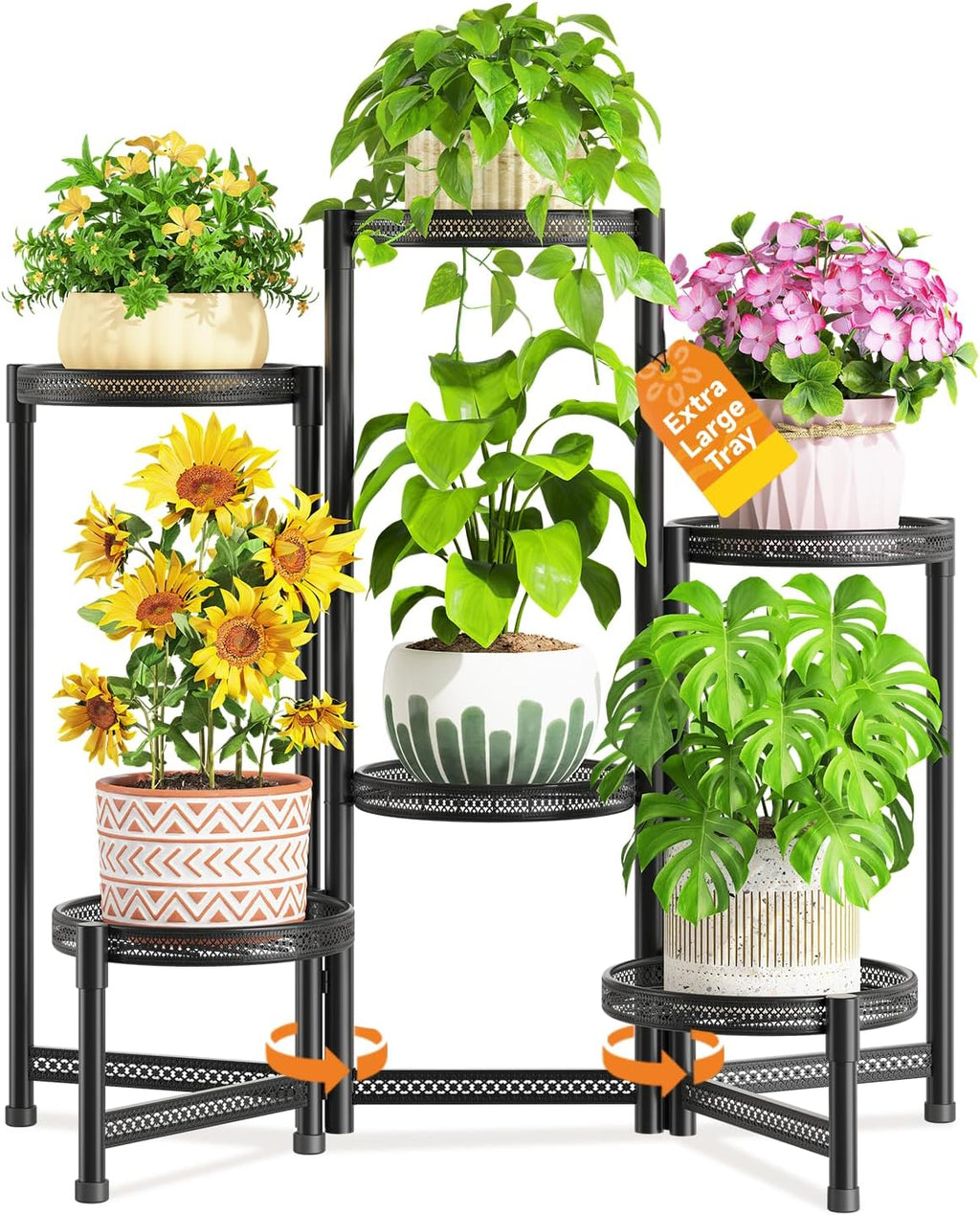 LASZOLA 6 Tiered Folding Tall Plant Stand for Indoor Outdoor Corner, Larger Heavy Duty Metal Adjustable Multiple Rack with 10 Inch Wide Hollow Tray, Flower Planter Holder for Modern House Patio, Black