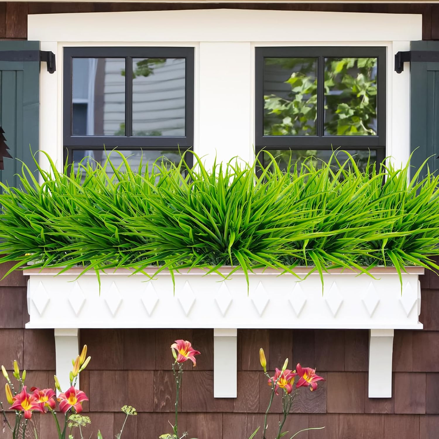Uieke 28 Bundles Artificial Outdoor Plants UV Resistant Fake Grass Plants Faux Plastic Plants Greenery Shrubs for Home Garden Pathway Window Box Front Porch Spring Summer Decor, Green