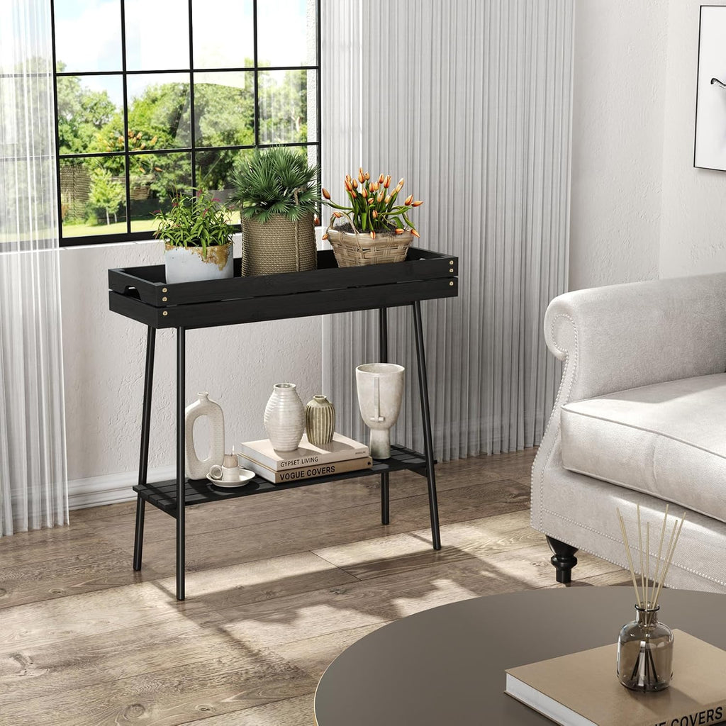 BAMBANG Bamboo Plant Stand Indoor, 2 Tier Small Plant Table, Tall Plant Stand for Indoor Plants, Window Sill Plant Shelf, Flower Pot Holder Plant Bench Plant Rack for Living Room Outdoor, Black