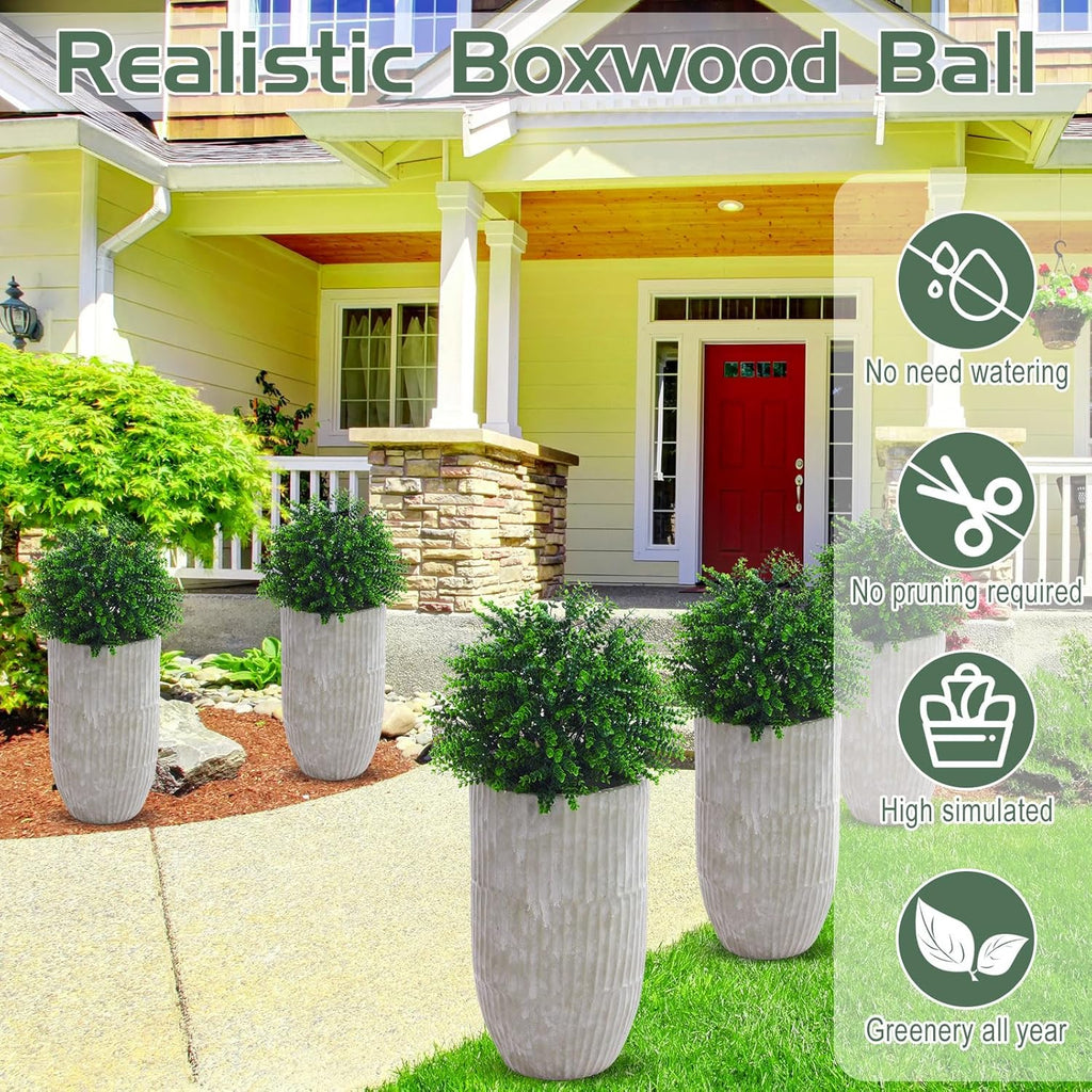 Yunlly 2 Pcs 18 Inch Artificial Boxwood Ball Topiary Tree Fake Outdoor Plants Bush, UV Resistance Faux Shrubs with Spike Realistic Greenery Potted for Indoor Garden Yard Porch Patio Decor (Green)