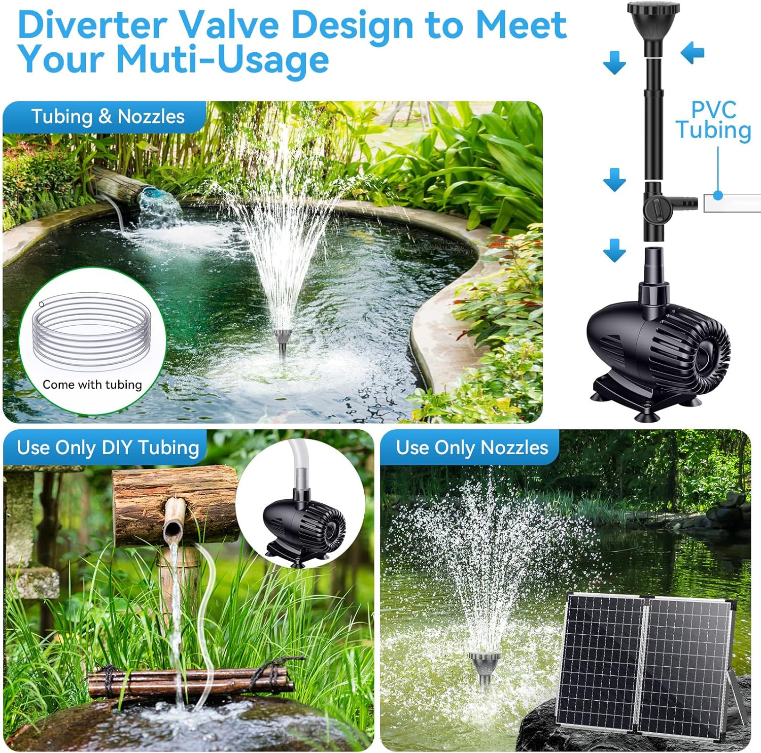 POPOSOAP 55W Solar Fountain Pump, 480GPH Solar Pond Pump with Dry-Run Protection, Solar Powered Water Pump with 17Ft Cord & 10Ft Extension Cable, PVC Tubing for Ponds, Garden, Waterfall, Hydroponics