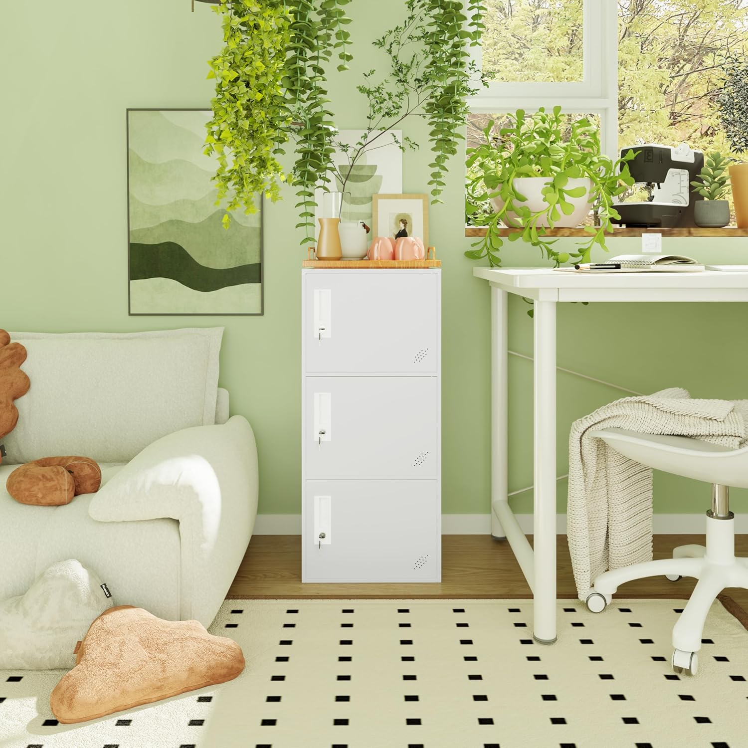 3 Door Metal Vertical Storage Locker for School, Office, Home,Gym,Stackable Steel Storage Cabinet with Lock,Anti-Falling Device. (3 Door, White)