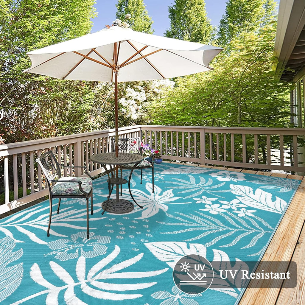 Pauwer Waterproof Outdoor Rug 6x9, Reversible Plastic Straw Patio Camping Rug, Indoor Outdoor RV Mat Carpet for Deck, Camper, Porch, Balcony, Backyard, Picnic, Floral Teal