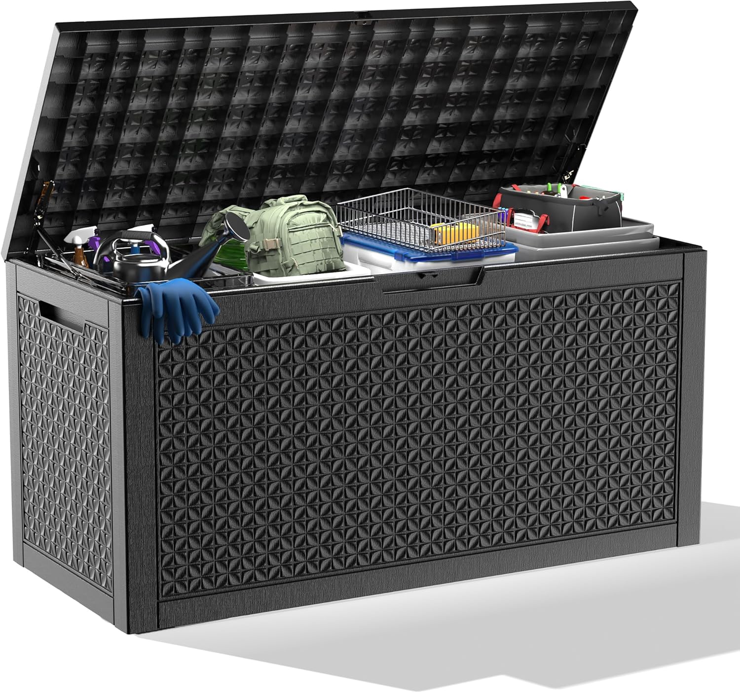 100 Gallon Resin Deck Box, Lockable Outdoor Storage Box for Patio Cushions Storage Furniture,Garden Tools, Pool Supplies, Weatherproof and UV Resistant（Black L）