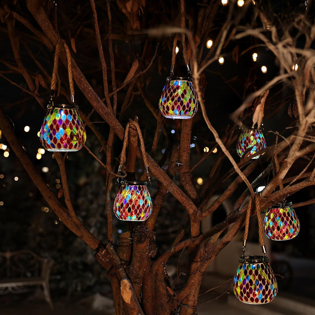 Cooo 2 Pack Mosaic Solar Lantern Outdoor Waterproof IP68 Hanging Projection Light Hidden Lid Pear-Shaped Lantern with Rope Handle Solar Powered Auto On for Patio Garden Fence Table - Crimson Ember