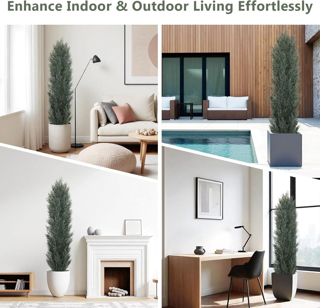 THE BLOOM TIMES 6ft Tall Topiary Trees Artificial Outdoor – UV Resistant Faux Cedar Pine Cypress Bushes and Shrubs, Fake Potted Plants for Front Porch Outside Planter Patio Decor, Set of 2 (6 Foot)