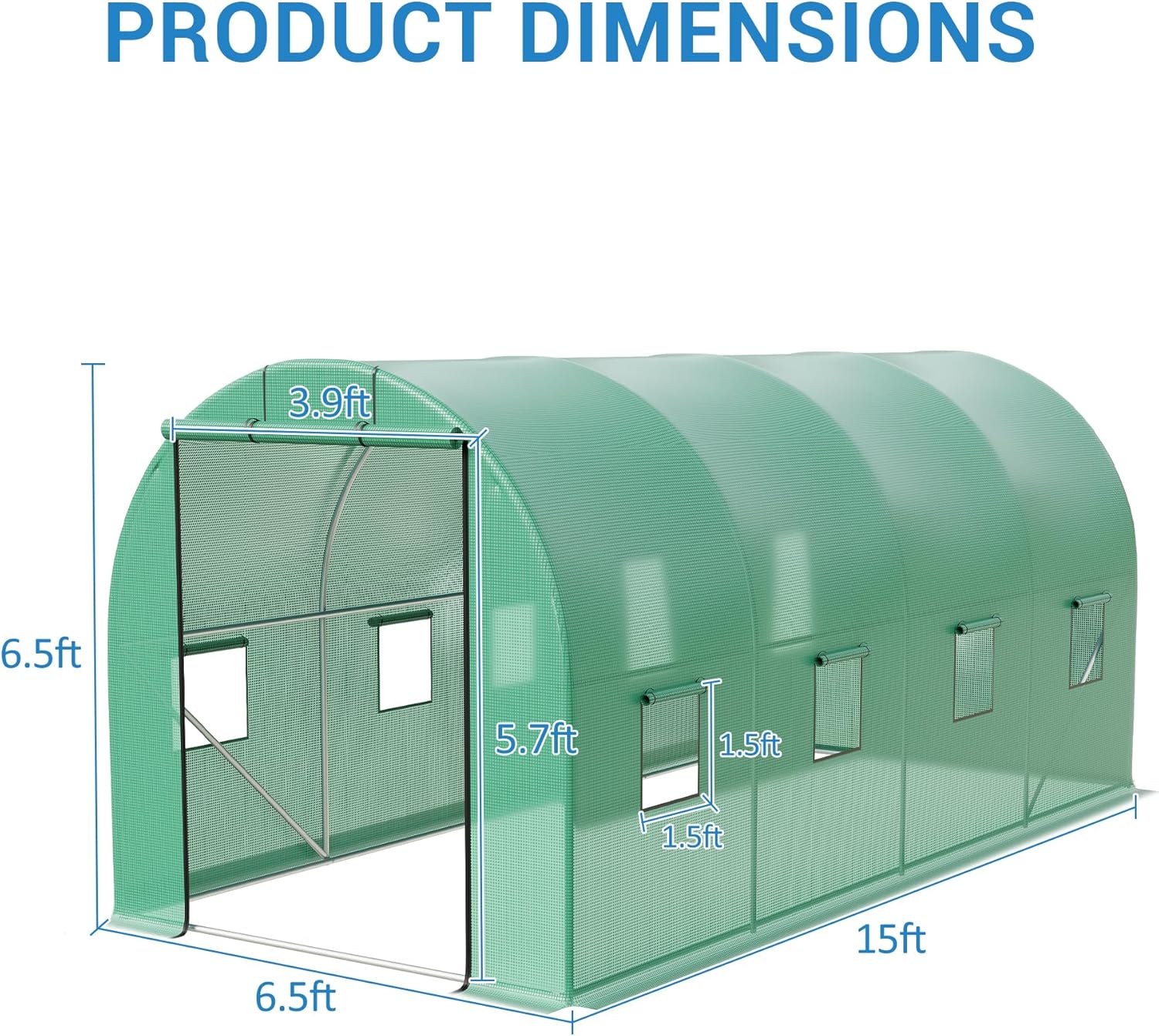 15x7x7 Ft Walk-in Tunnel Greenhouse for Outdoor Gardening - Heavy Duty Galvanized Steel Hoop House with Green PE Cover, Roll-Up Zipper Door & 8 Vent Windows, Plant Protection & Year-Round Growing