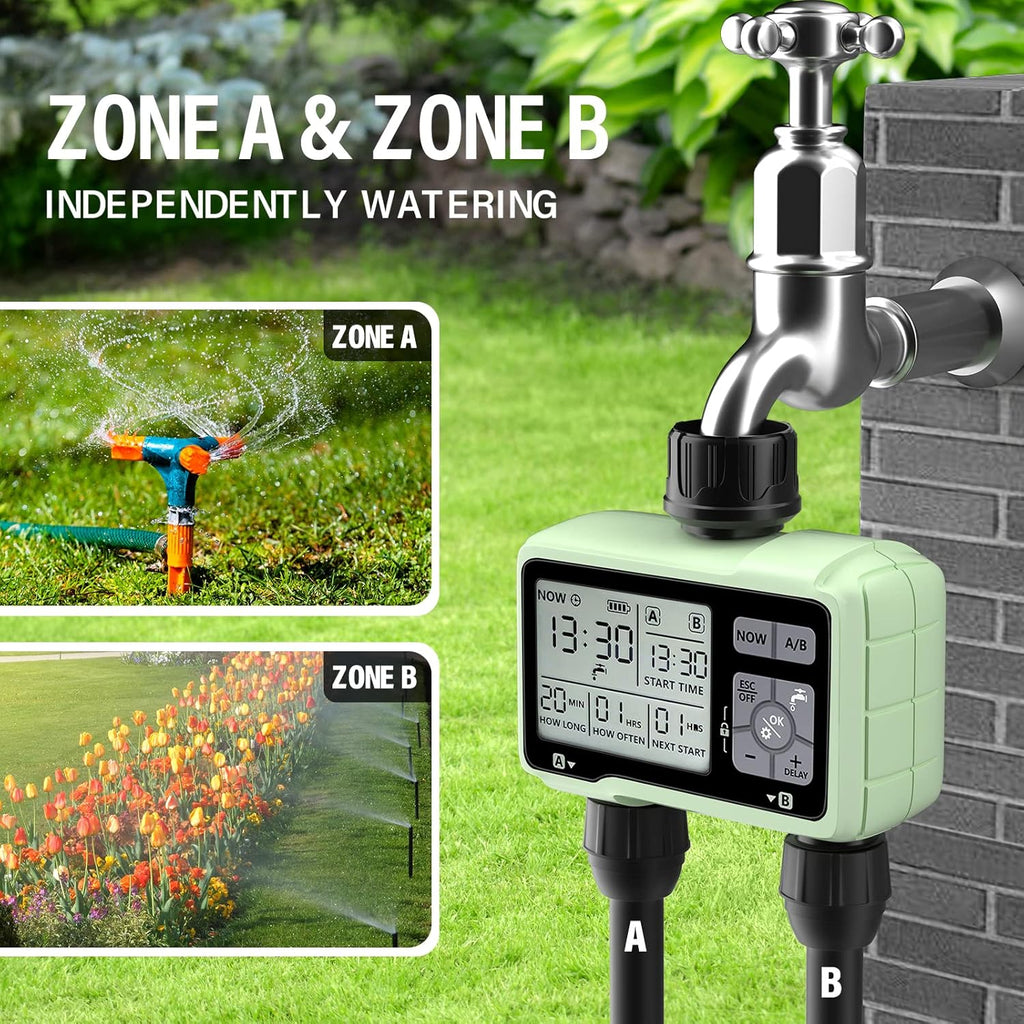 SOYUS Programmable Outdoor Garden Hose Timer with Rain Delay/Manual/Automatic Watering System, Waterproof Digital Irrigation Timer for Lawns, Yard and Pool, 2 Outlet