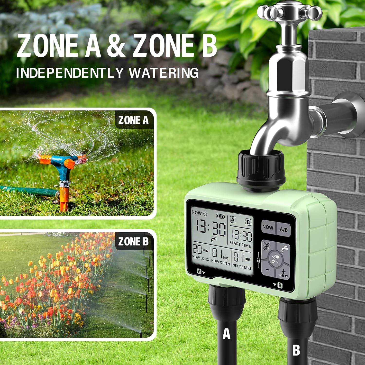 SOYUS Programmable Outdoor Garden Hose Timer with Rain Delay/Manual/Automatic Watering System, Waterproof Digital Irrigation Timer for Lawns, Yard and Pool, 2 Outlet