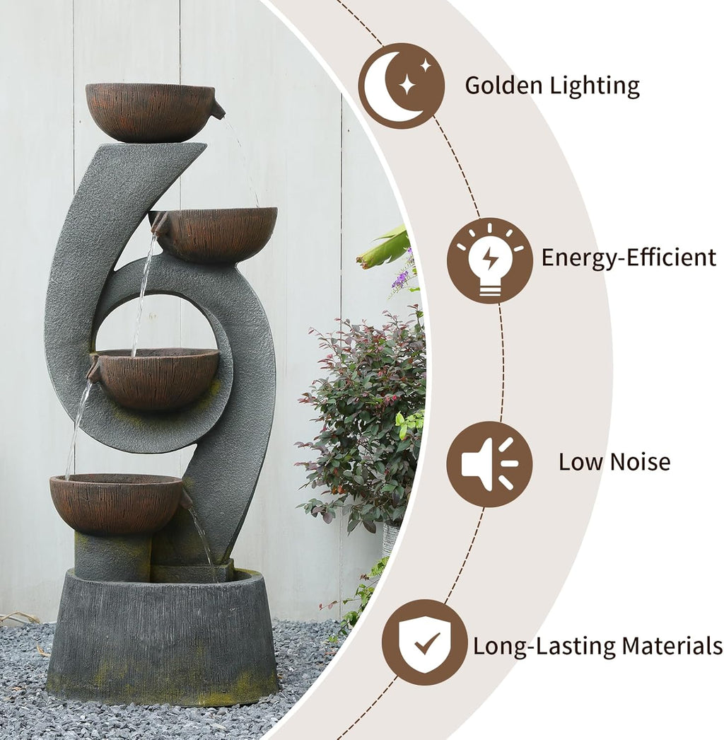 46.8''H Outdoor Water Fountains - 5-Tiered Garden Fountains Outdoor for Patio, Yard, Balcony, Porch, Modern Resin Waterfall Feature for Outside with Light, Cascading Bowl Water Feature Gray