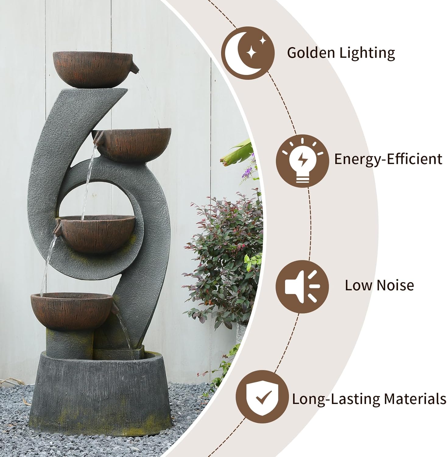 46.8''H Outdoor Water Fountains - 5-Tiered Garden Fountains Outdoor for Patio, Yard, Balcony, Porch, Modern Resin Waterfall Feature for Outside with Light, Cascading Bowl Water Feature Gray