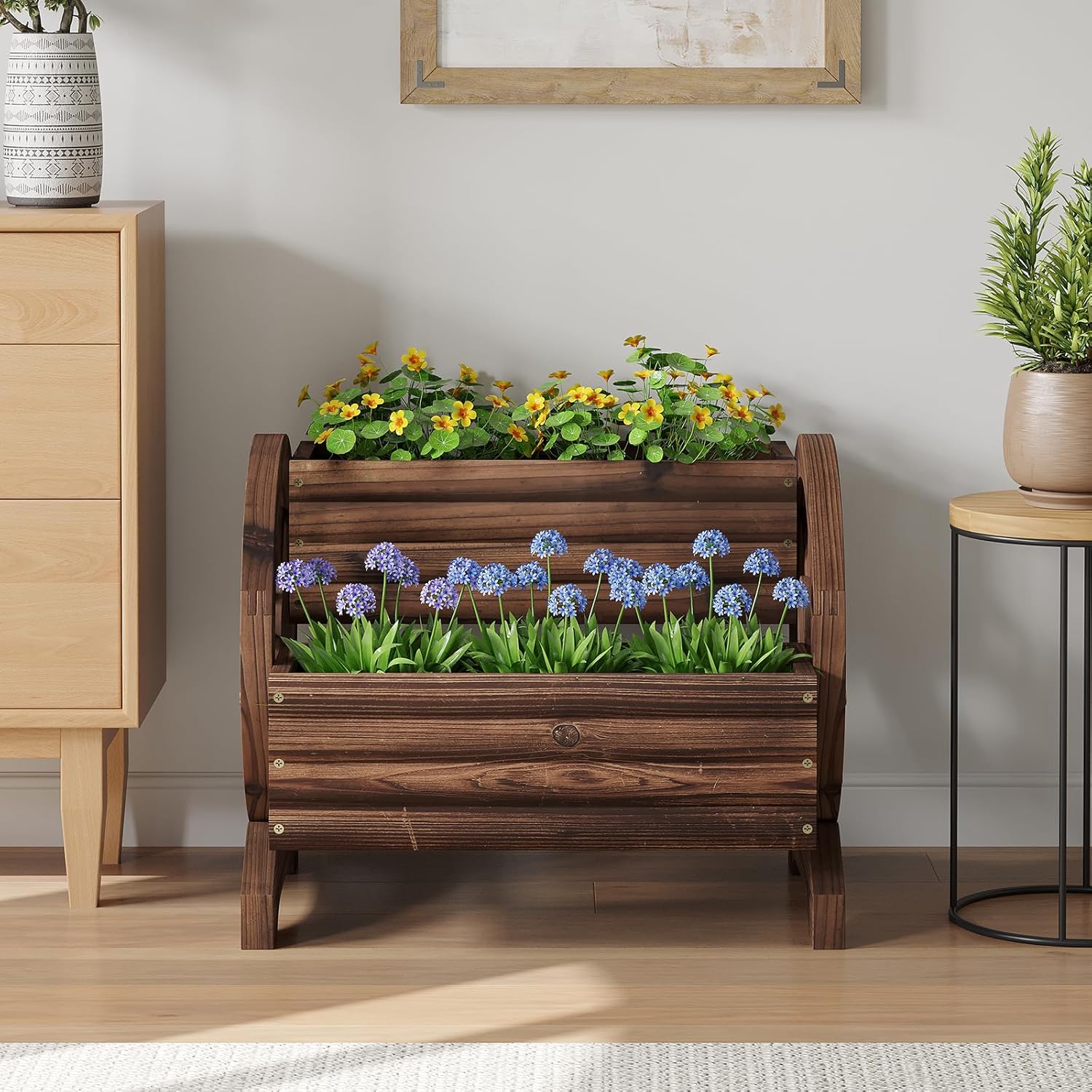 Wooden Flower Cart with Wheels Wooden Wagon Planter Outdoor Garden Planter, Decor Planter for Patio Balcony Decoration Succulent Flower Pot Flower Cart for Indoor Backyard Balcon Décor