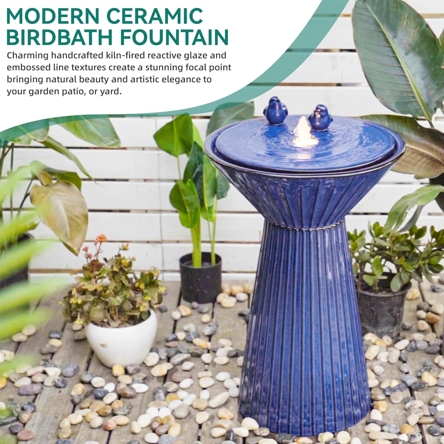28" H Ceramic Birdbath Outdoor Fountain with LED Lights, Bird Accents & Fluted Texture, Bubbling Water Feature for Garden, Patio, Yard or Porch – Creates a Tranquil Oasis for Relaxation.