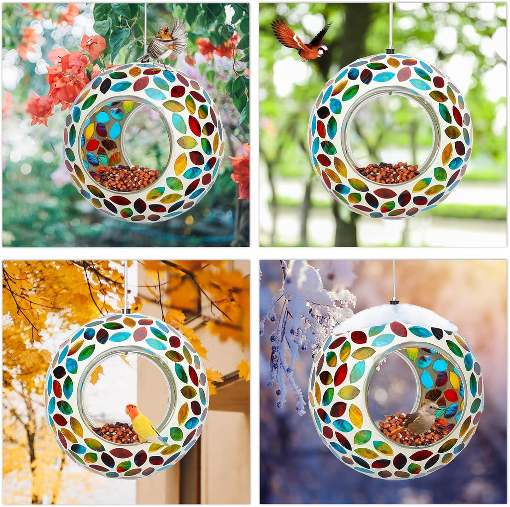 Yinns Bird Feeder - Hanging Mosaic Glass Birdfeeder, Fly Through Bird Feeders with Oval Stained Glass, Outdoor Garden Decor, 6.5 inch