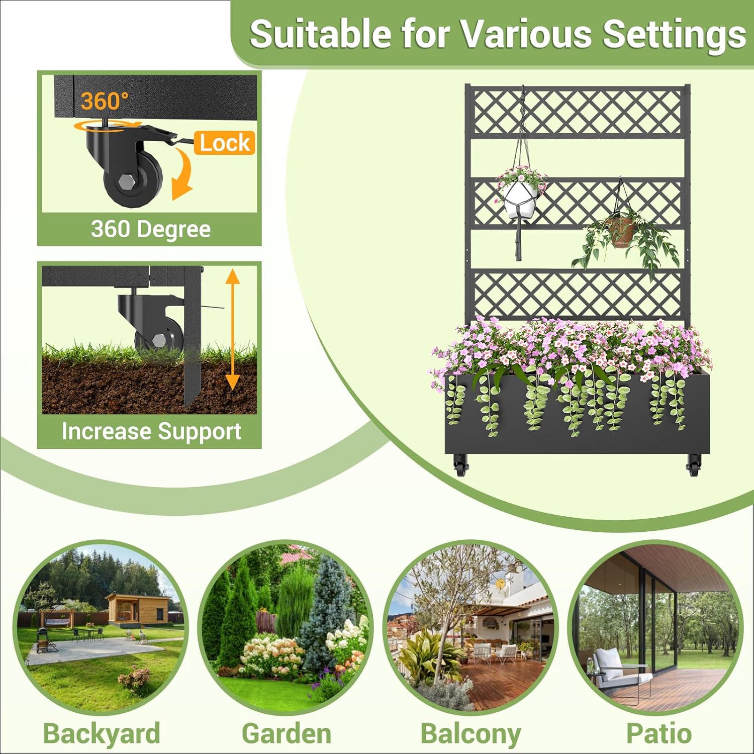 Metal Planter Box with Trellis Privacy Screen, 67"x41"x16" Raised Garden Bed with Trellis, Privacy Planter Boxes, with Planting Bag & Lockable Casters for Climbing Plants,Vegetables,and Vines