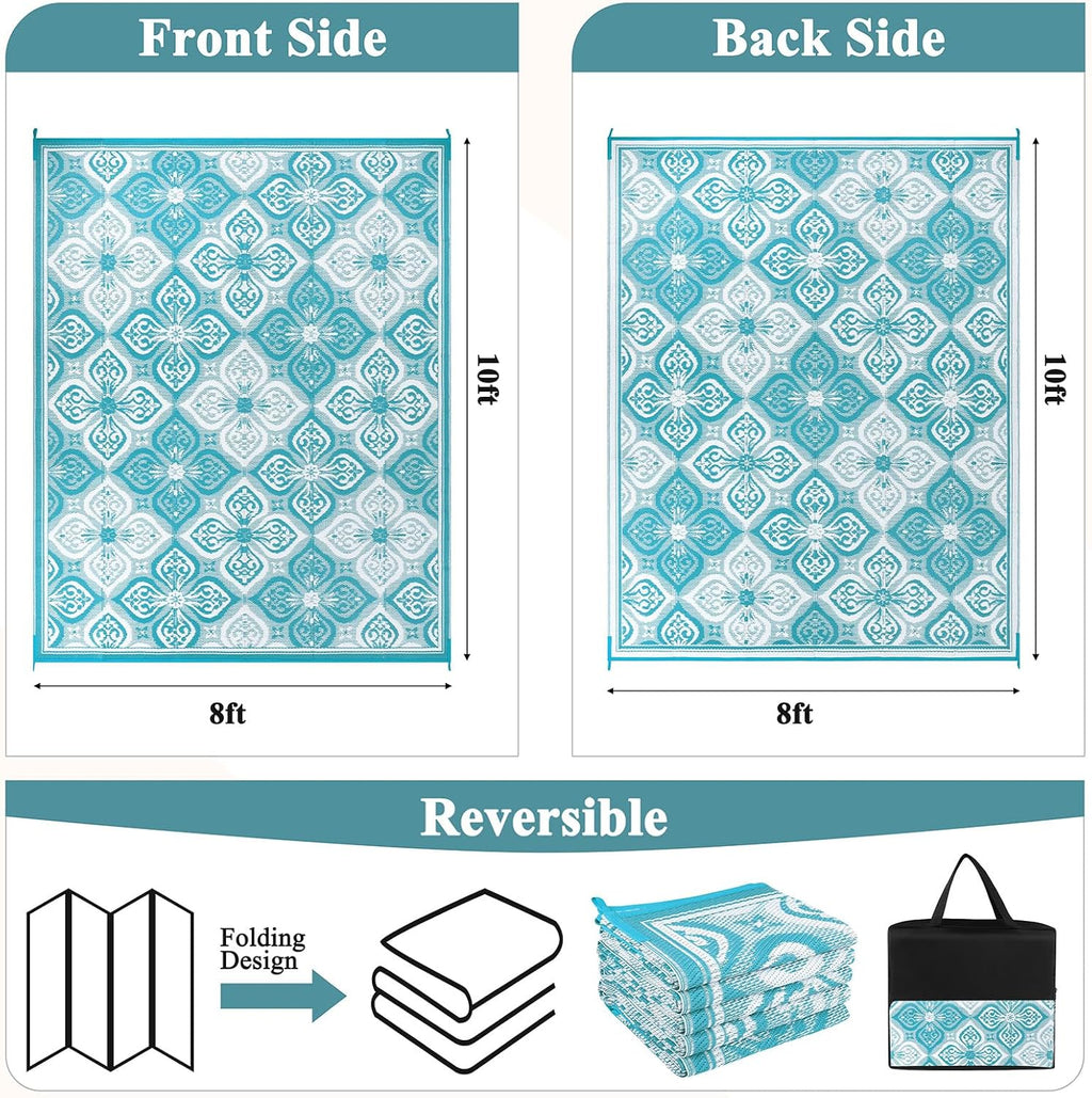 Pauwer Waterproof Outdoor Rug 8x10, Reversible Plastic Straw Patio Camping Rug, Indoor Outdoor RV Mat Carpet for Deck, Camper, Porch, Balcony, Backyard, Picnic, Clover Teal