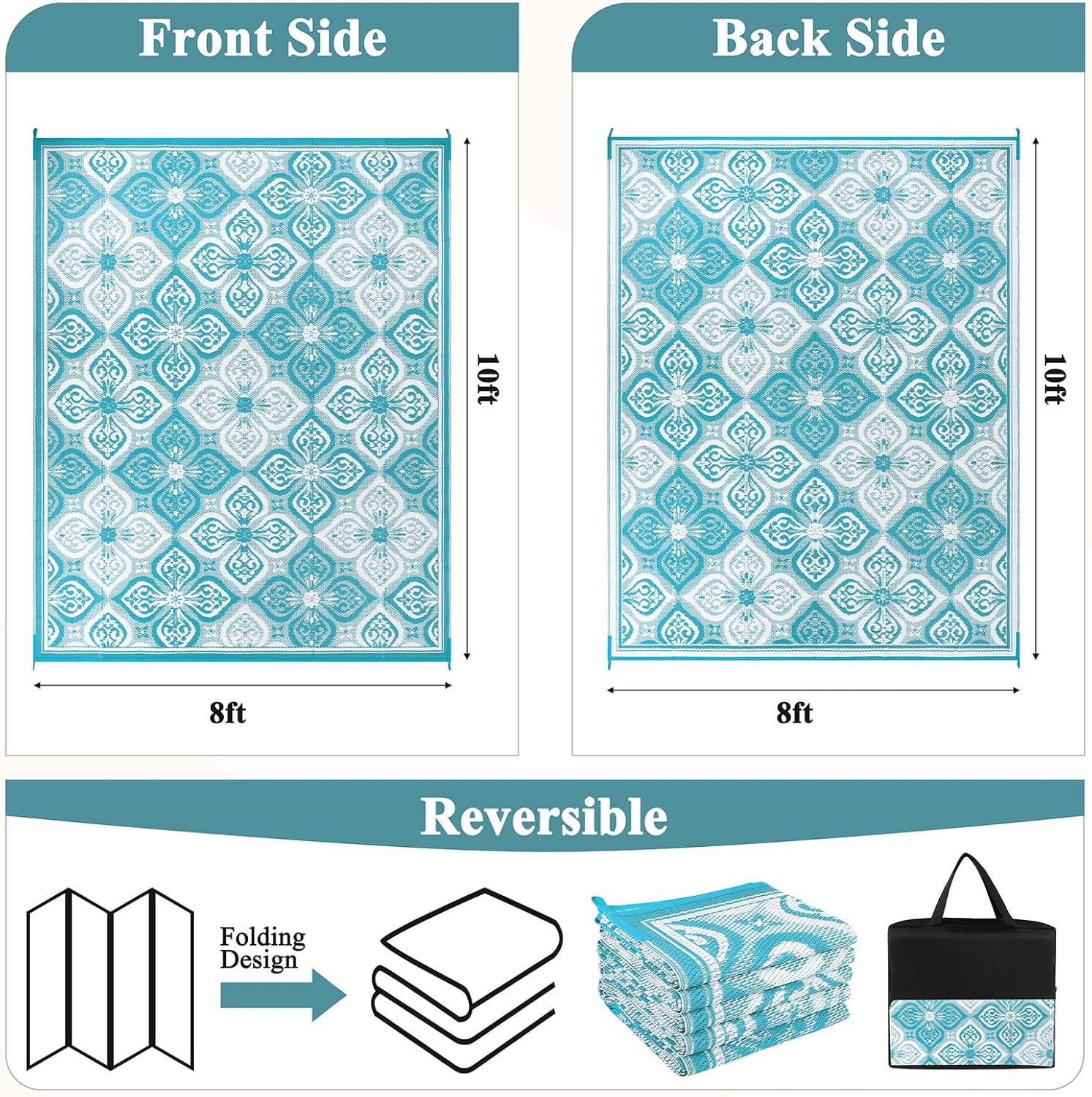 Pauwer Waterproof Outdoor Rug 8x10, Reversible Plastic Straw Patio Camping Rug, Indoor Outdoor RV Mat Carpet for Deck, Camper, Porch, Balcony, Backyard, Picnic, Clover Teal