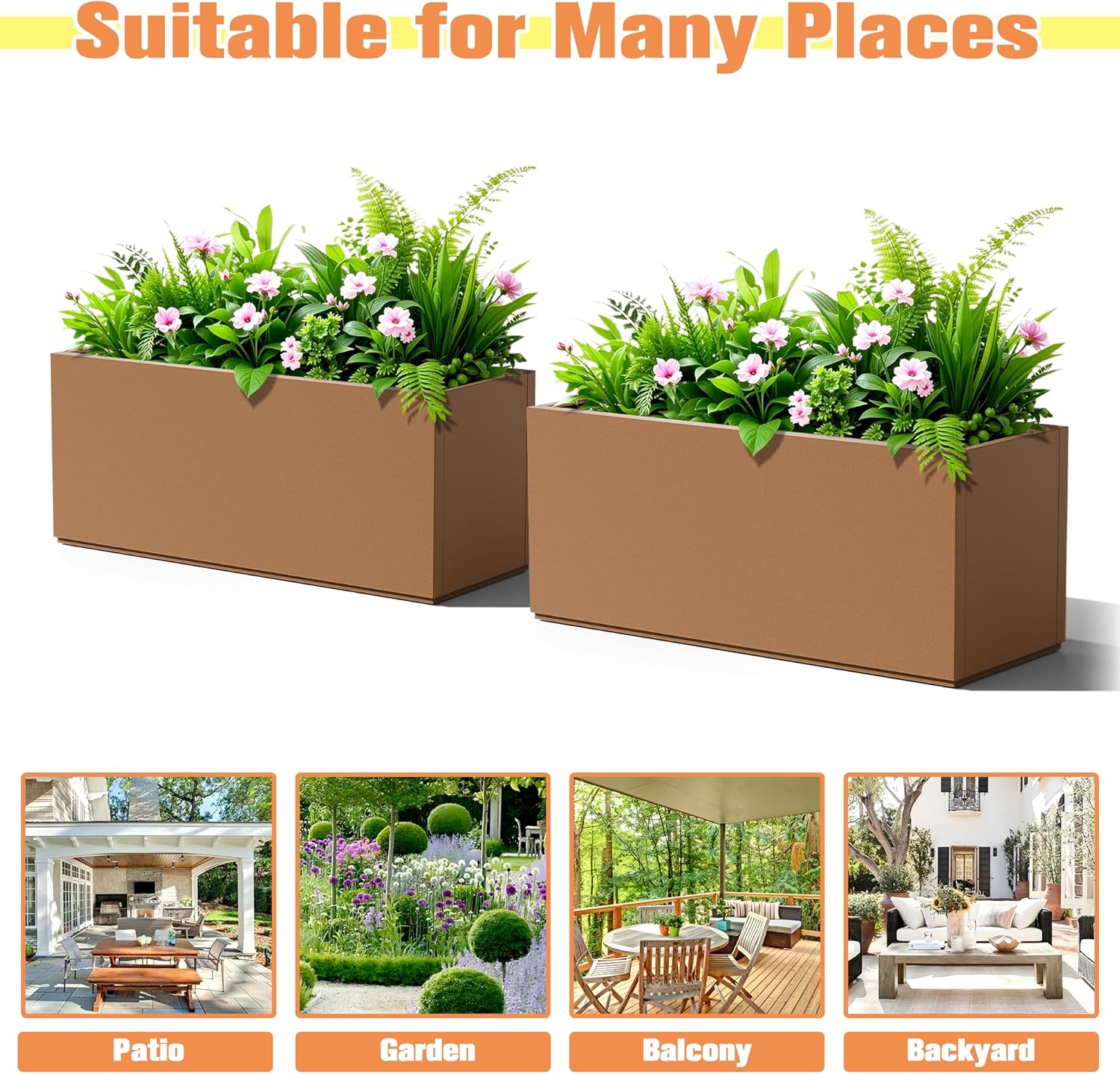Rectangle Planter for Indoor & Outdoor, Tall and Long Planter Boxes with Drainage Holes, Mental Planter Box All-Weather Use for Plants, Flowers, 38" L x 15" W x 16.3" H, Brown