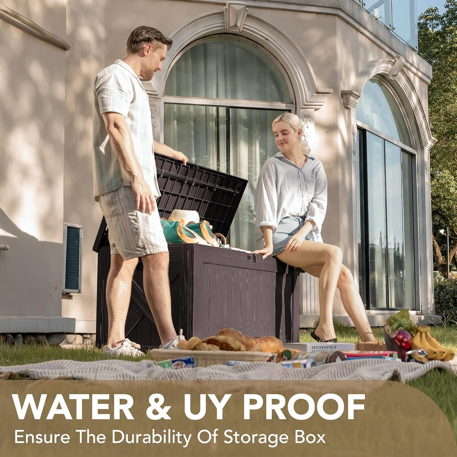 Devoko 120 Gallon Deck Box Resin Outdoor Storage Box Waterproof for Patio, Large Outdoor Storage Bench Lockable for Outside (Deep Brown)