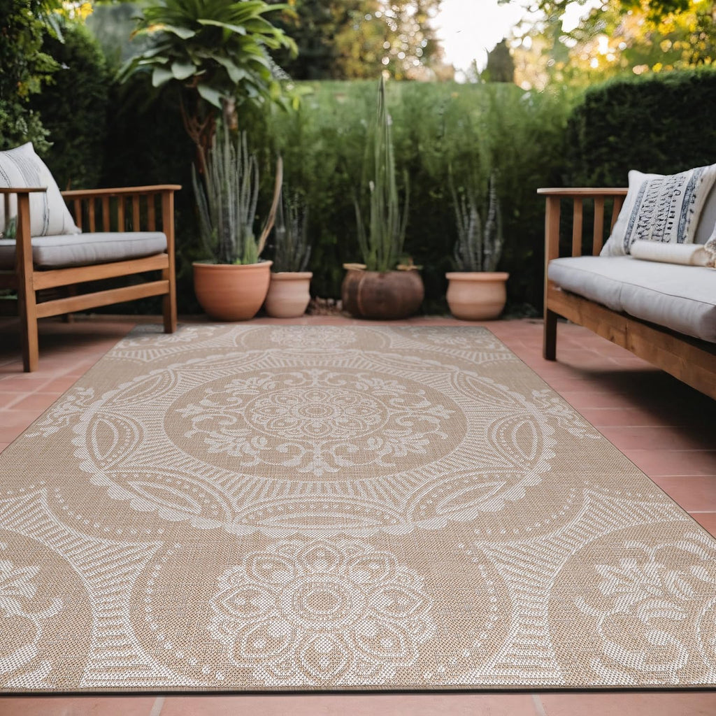 Medallion Outdoor Rug 9x12 Washable Outside Carpet for Indoor Patio Porch Waterproof Easy Cleaning Non Shedding Area Rugs Beige 9 x 12