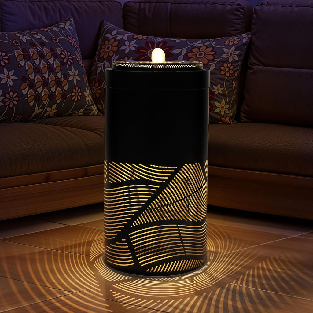 23.6" H Modern Metal Cutout Geometric Patterns Outdoor Water Fountain with LED Lights, Black Bird Bath Garden Fountain, Soothing Water Flow Creates Tranquil Ambiance for Patio, Deck, Porch Décor