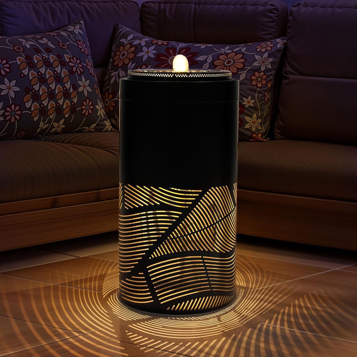 23.6" H Modern Metal Cutout Geometric Patterns Outdoor Water Fountain with LED Lights, Black Bird Bath Garden Fountain, Soothing Water Flow Creates Tranquil Ambiance for Patio, Deck, Porch Décor