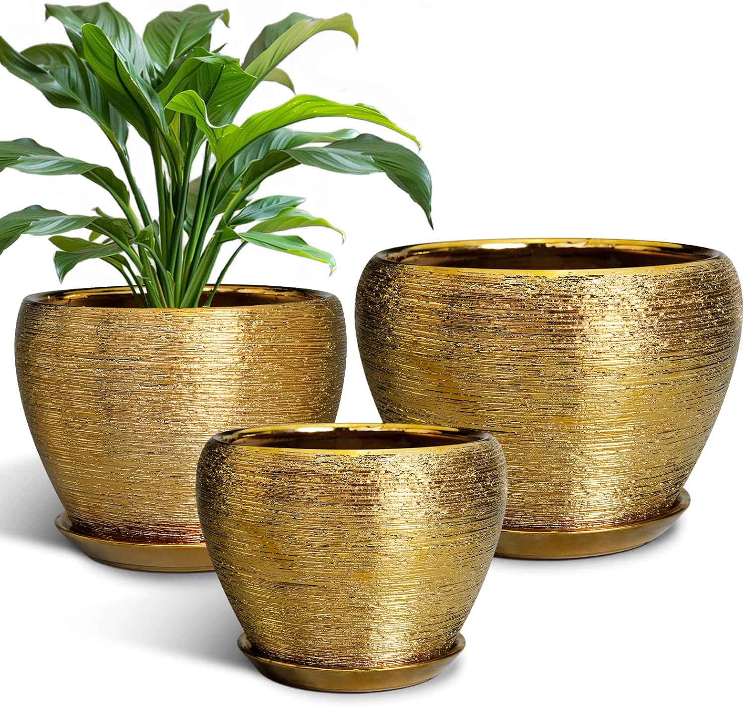 Flower Pots for Indoor & Outdoor Plants - Ceramic Pots 10 Inch, 8 Inch, 6 Inch with Drainage Holes, Saucers - Decorative Large Planters Set of 3 Gold