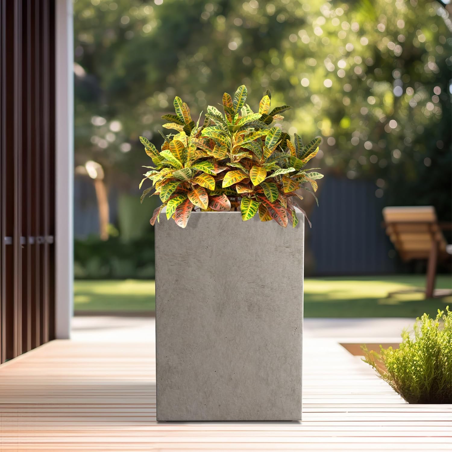 Kante 15.7" H Tall Rectangular Concrete Planters, Outdoor Indoor Lightweight Plant Pots with Drainage Hole and Rubber Plug, Modern Style for Home Garden Patio, Weathered Concrete