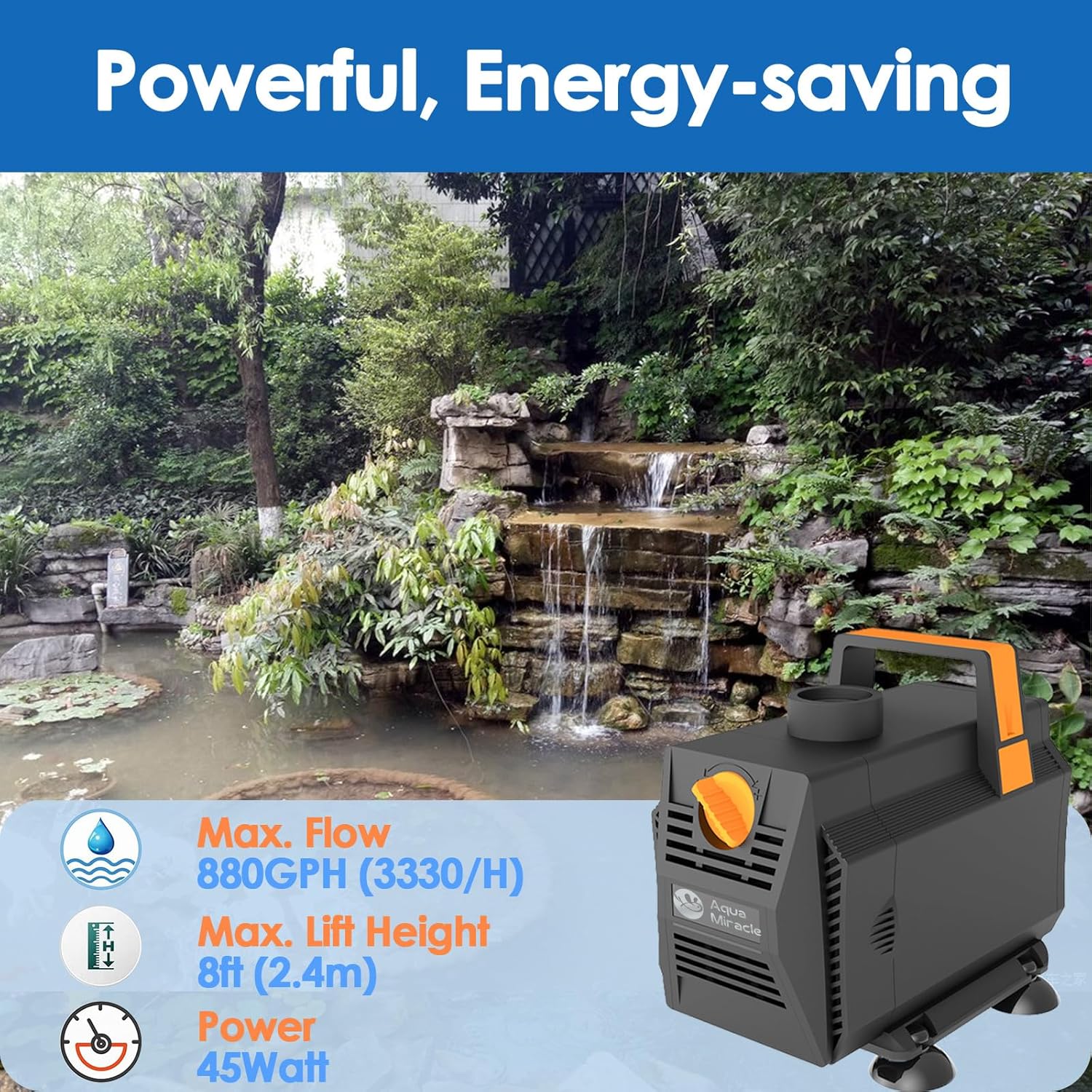 AquaMiracle 880GPH Submersible Water Pump Pond Pump(3330L/H, 45W), Water Fountain Pump Aquarium Water Pump with Flow Control for Fish Tank, Waterfall, Statuary, Filtration, Water feature, Hydroponics